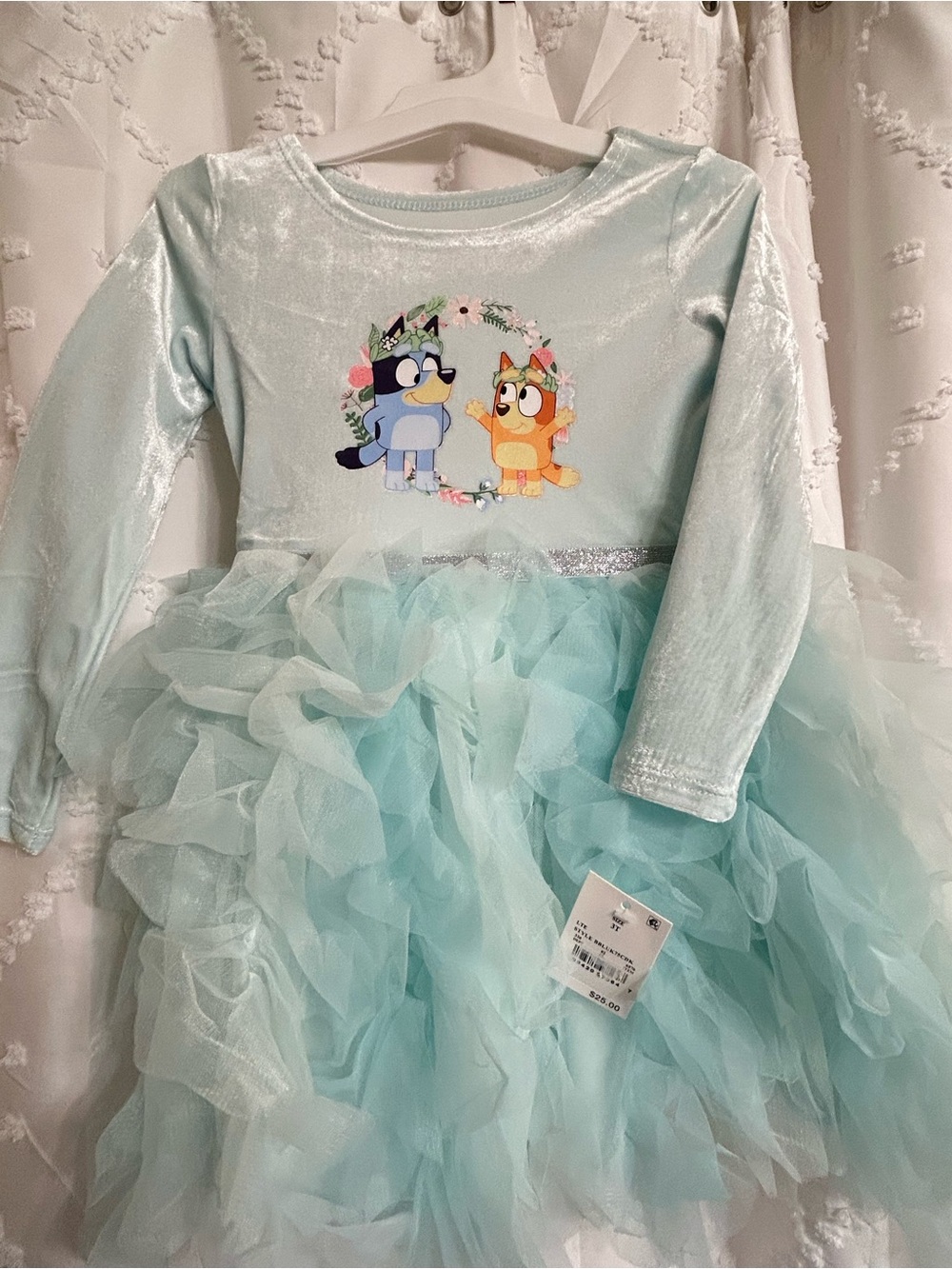 Girls' Light Aqua Tulle Party Dress with Character Print bluey